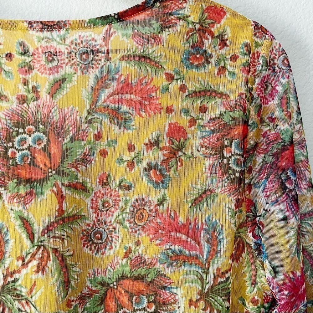 By Anthropologie Medium Gretchen Smocked Floral Print Tunic Top Mesh Mustard - Picture 8 of 11